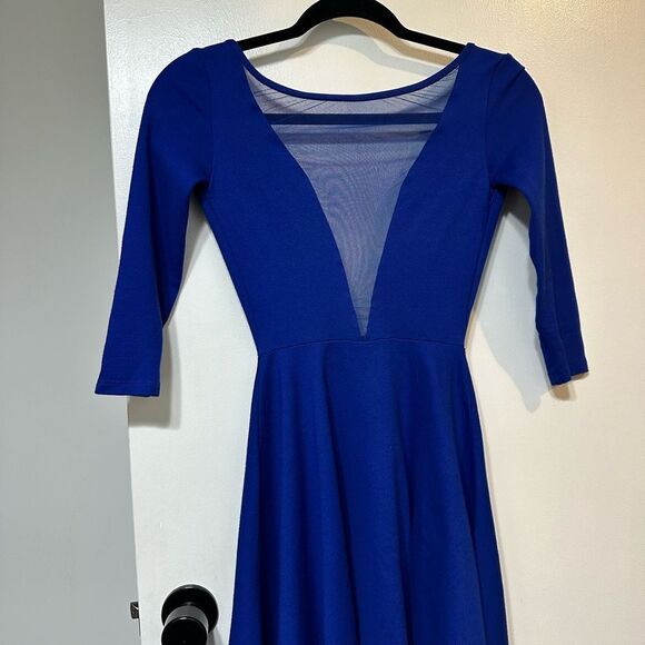 Low Back Fit & Flare Mini Dress size XS Women's X-Small Bright Blue Mesh V Neck - Picture 1 of 3